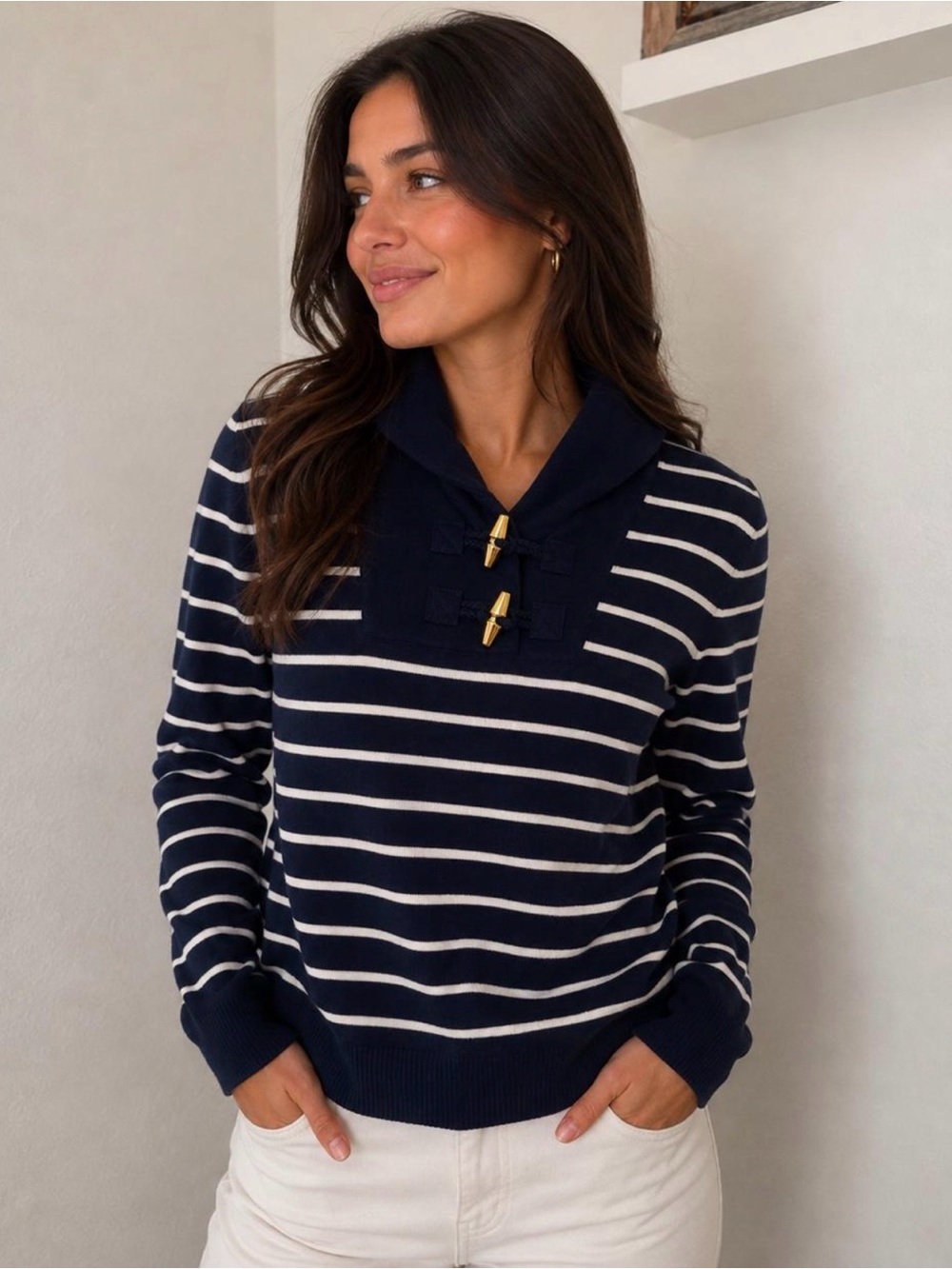 Ralph Lauren Navy and White Striped Cowl Sweater